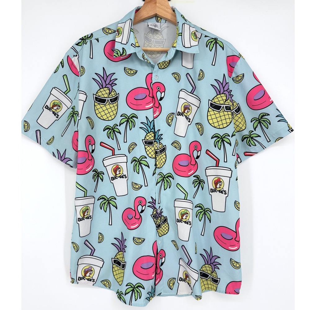 Buc-ees‎ Tropical Hawaiian Summer Button Up Short Sleeve Shirt Sz M Beaver Print